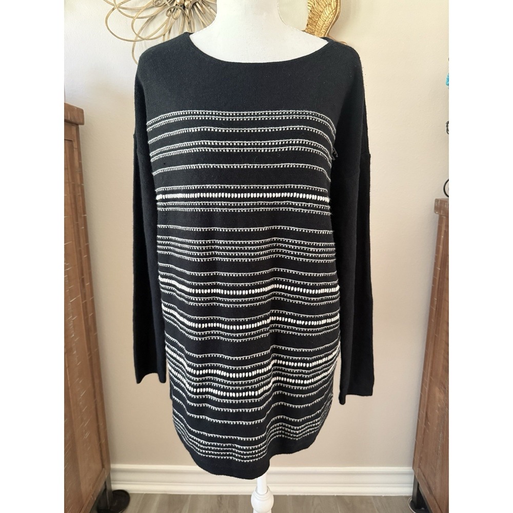 J Jill Sweater Medium Black Ivory Striped Knit Tunic Long Sleeve Cotton